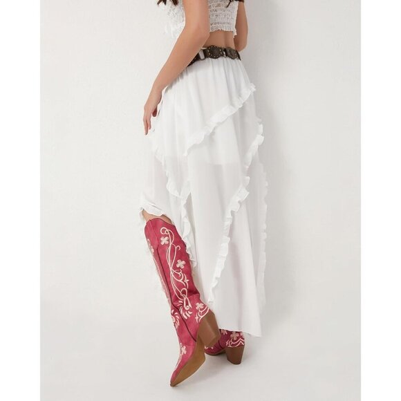 Women's Knee High Heel Floral Embroidered Red Classic Design Western Boots - Picture 5 of 8